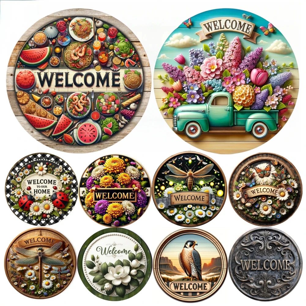 Welcome Home Round Metal Aluminum Sign Art Decorative Plates Entrance Decor Gift Mask Theme For Bar Club Home Room Wall Decor