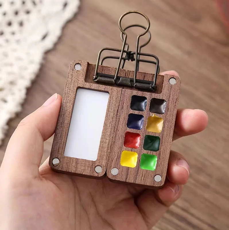 

Portable Travel Wooden Handmade 8 Grid 0.5ML Schmincke Watercolor Paint Tray Box Black Walnut Palette Water Colour Brush Book