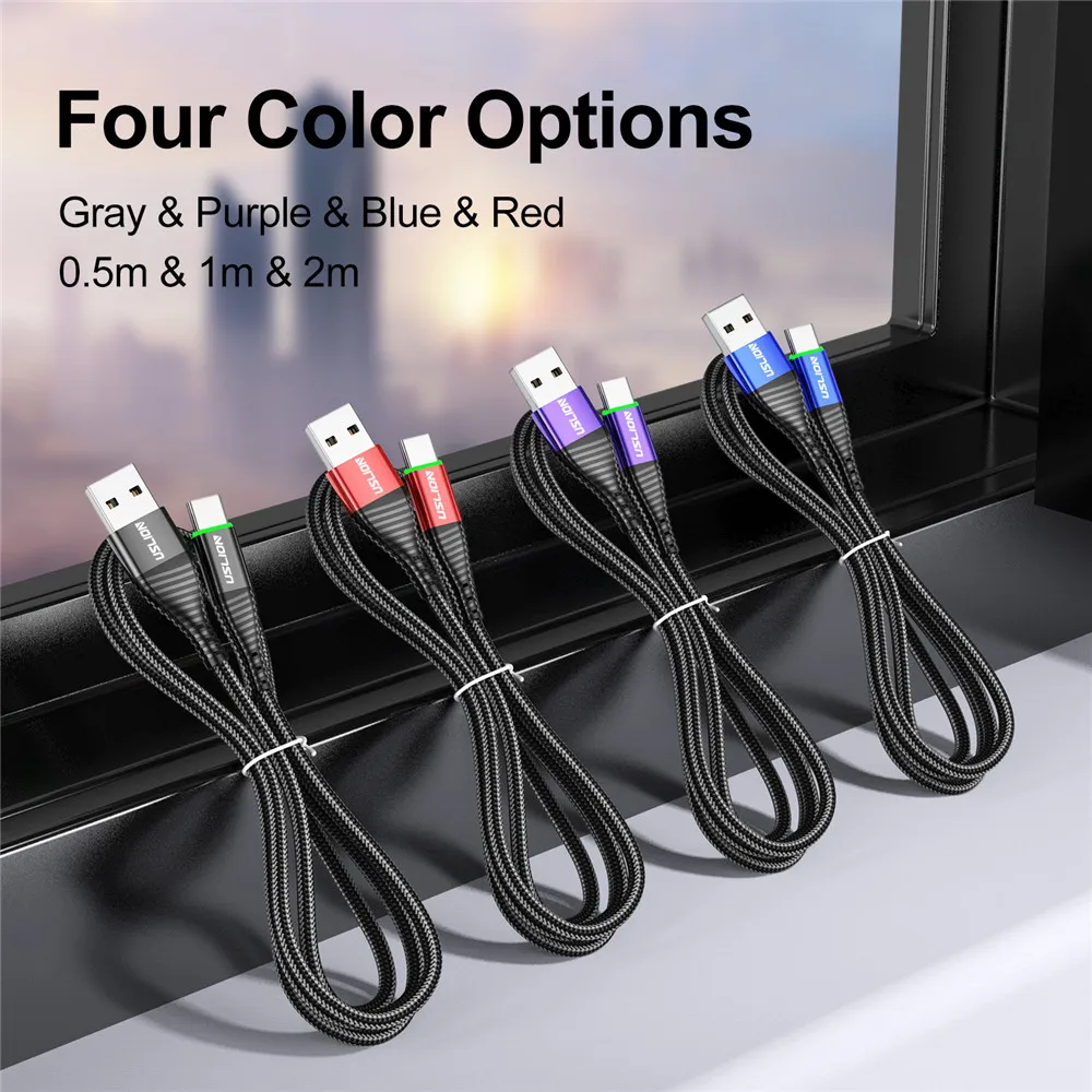 USLION-Câble Micro USB/Type-C 3A LED pour recharge rapide, cordon de chargeur USB-C pour téléphone Samsung S23 et Xiaomi