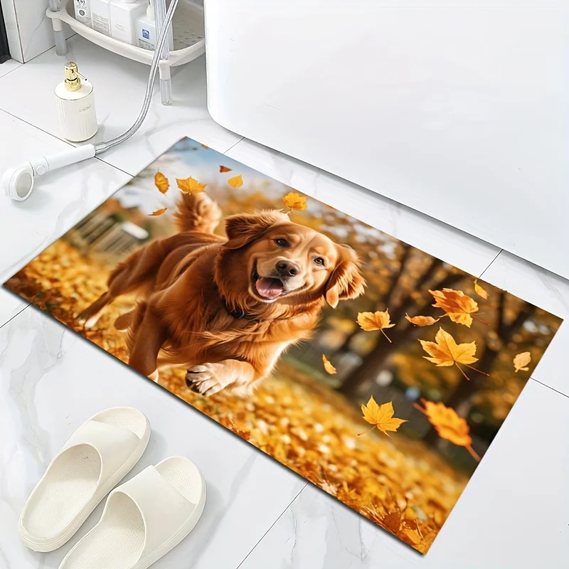 A Christmas Decoration Featuring a Golden Retriever Puppy Design, a Doormat with an Autumn Winter Maple Leaf Vibe, Made of Plu