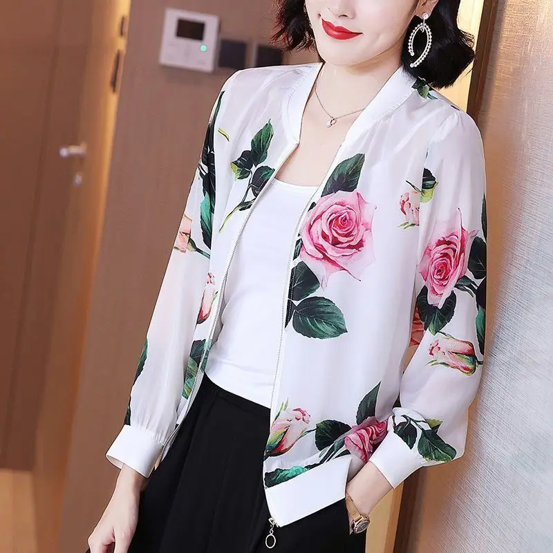 Lente Zomer Nieuwe Dunne Chiffon Print Jas Lange Mouw Plus Size Losse All-Match Cardigan Tops Vintage Mode Dameskleding