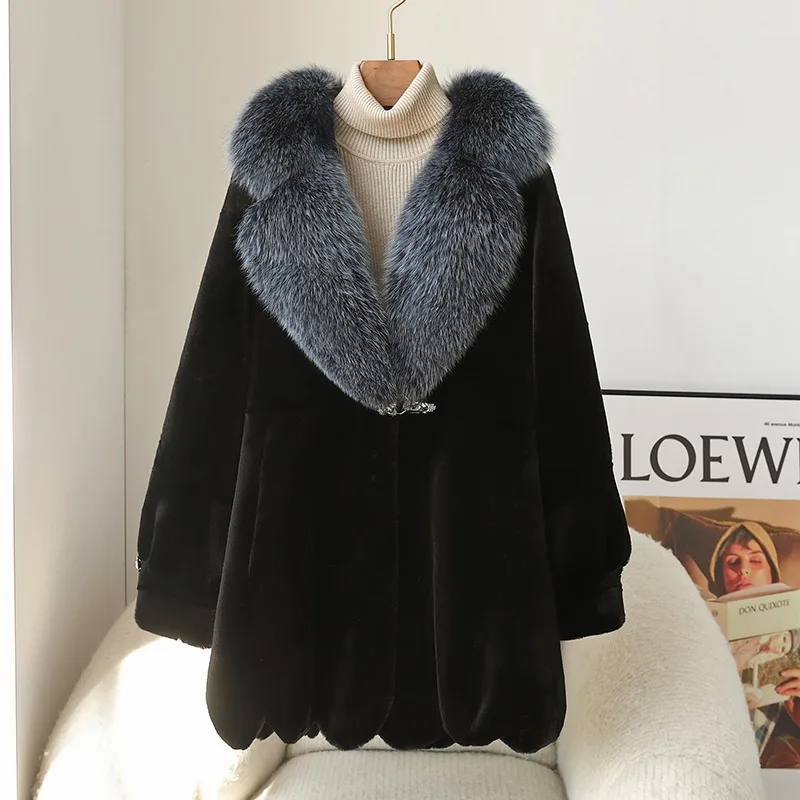 Women 2023 Winter New Golden Mink Velvet Winter Coat Fox Fur Collar Imitation Mink Hair Warm Jacket Parka JT422