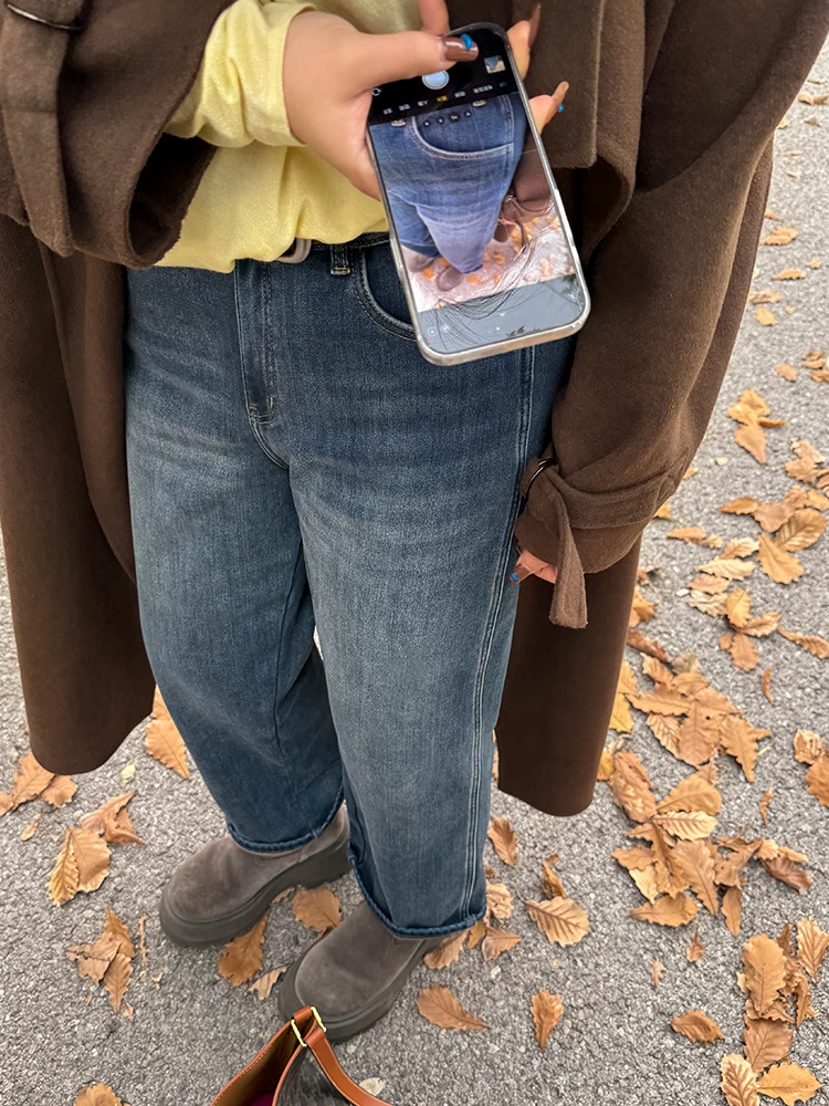 

Прямые джинсы больших размеров с высокой талией на подкладке, зимние теплые повседневные хлопковые брюки для женщин больших размеров Woodland Ideal