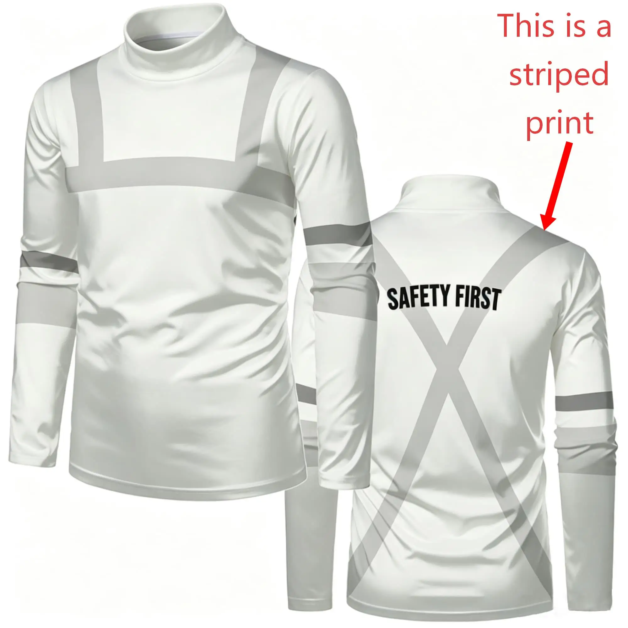 Men Mock Neck Long Sleeve T‑Shirt Fake Safety Work Vest Visual Print Safety First Letter Contrast Stripe Daily Work Casual Tops view 3