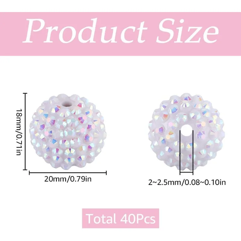 40Pcs Chunky Resin Rhinestone Beads 20mm White Rhinestone Round Beads Disco Ball Beads Chunky Bead Bulk Bubblegum Beads Spacer