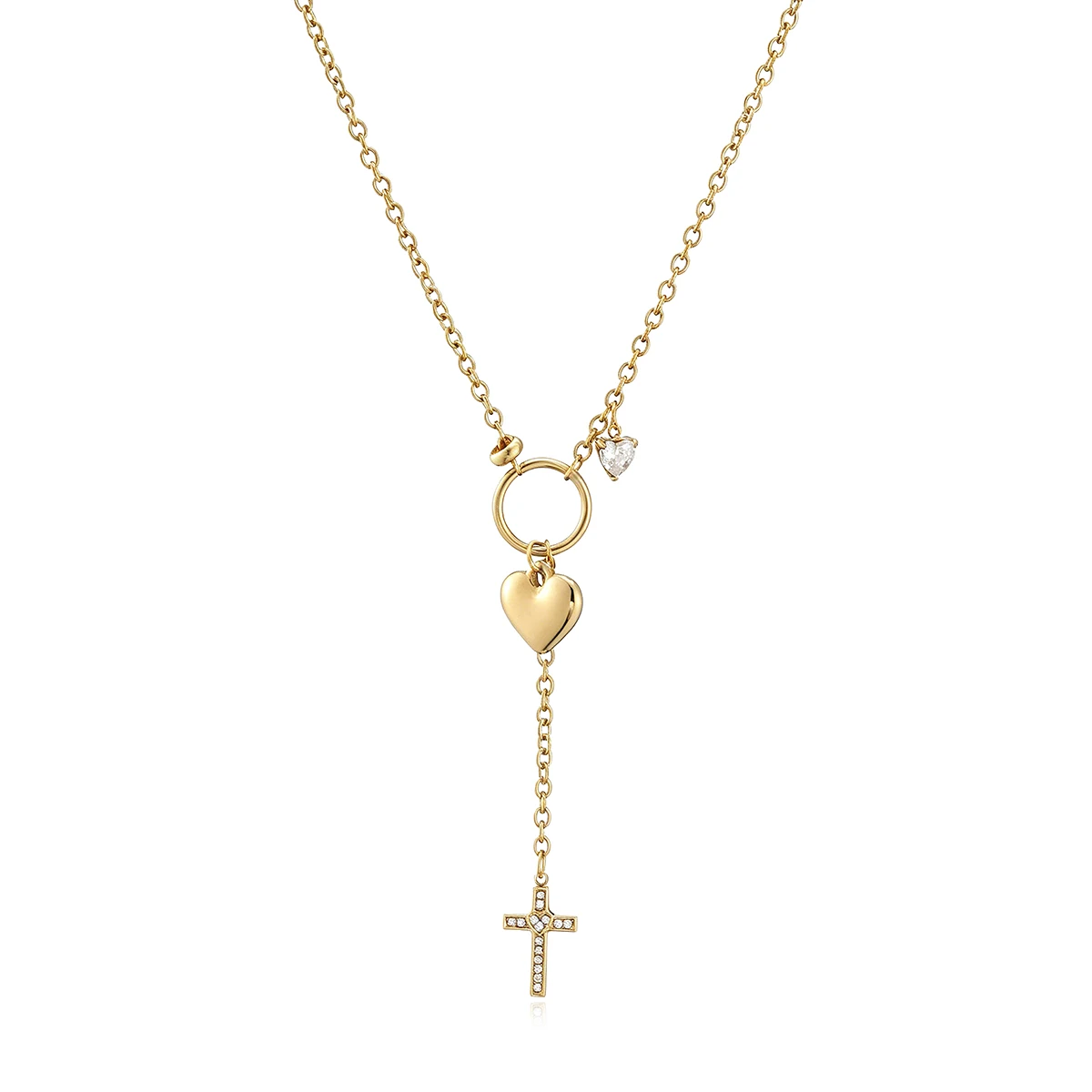 NEWBUY Hot Sale Heart Cross CZ Zircon Link Chain Choker Necklace For Women Gold Color Stainless Steel Jewelry