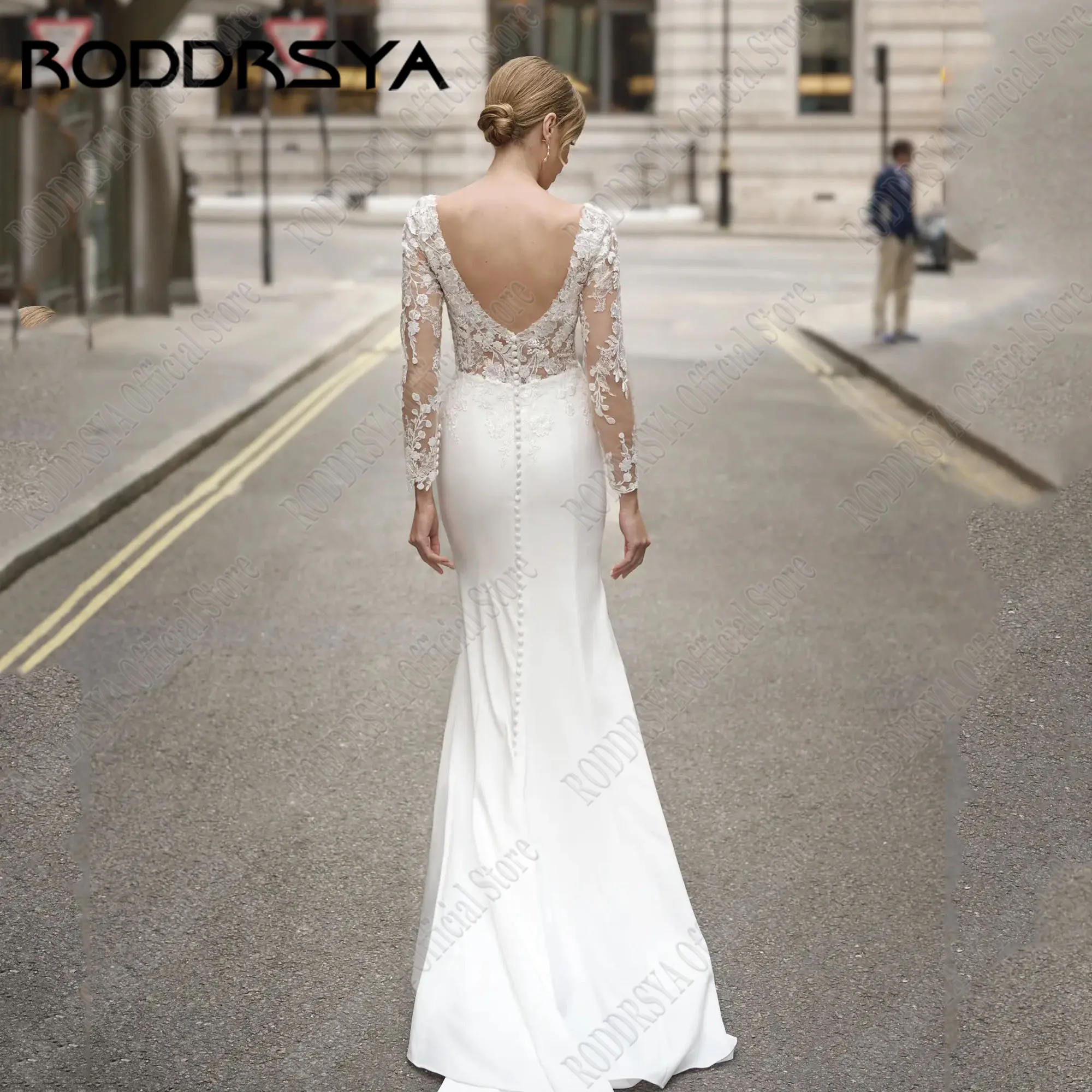 RODDRSYA Mermaid Wedding Dresses For Woman Luxury V-Neck Long Sleeves Backless Sexy Robe De Mariée Bride Gown Appliuque Satin