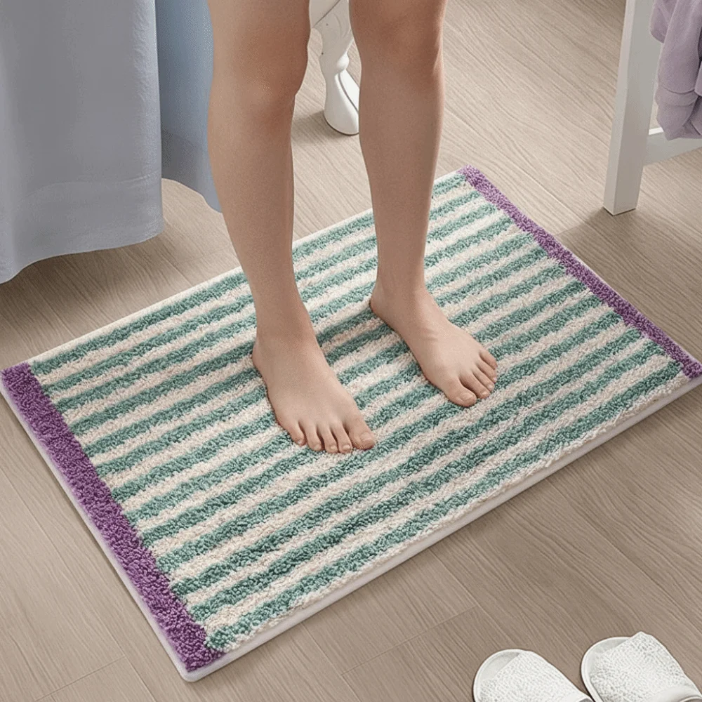 Household Soft Striped Tufting Rug Anti-slip Base Water-absorbent Bathroom Mat Rectangular Quick-drying Small Carpet Kids Room