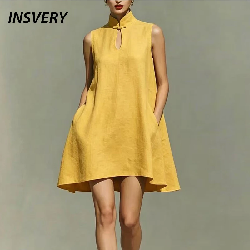 

Summer Women Casual Sleeveless A-Line Mini Dress Women Fashion Half High Collar Pocket Beach Holiday Dresses Women Party Dress