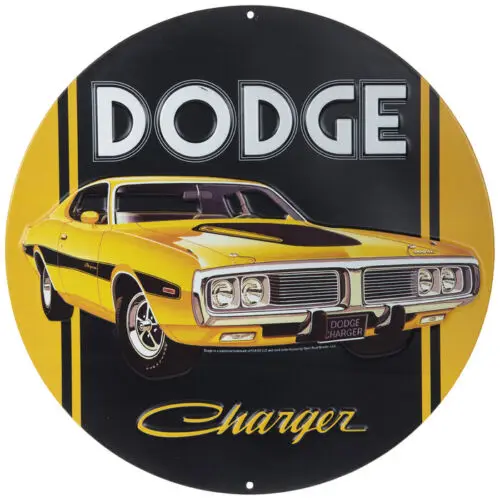 Yellow & Black Charger Metal Sign Round Vintage Mancave Garage Gearhead