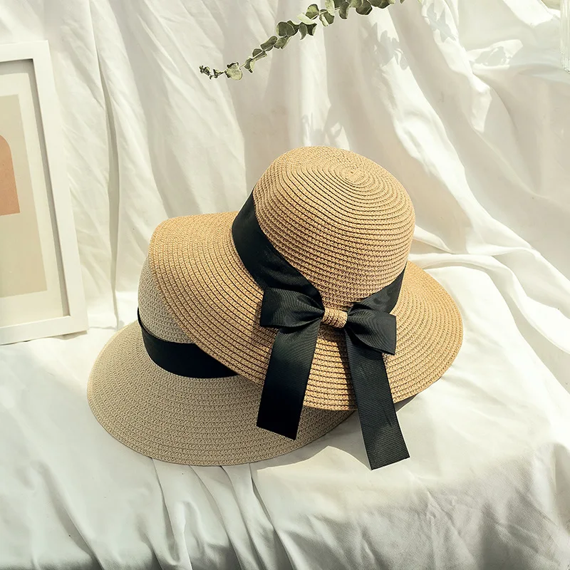 

2024 New Spring and Summer Korean Fashion Ribbon Bow Women's Straw Hat Holiday Sunshade Foldable Beach Hat for Women YC163