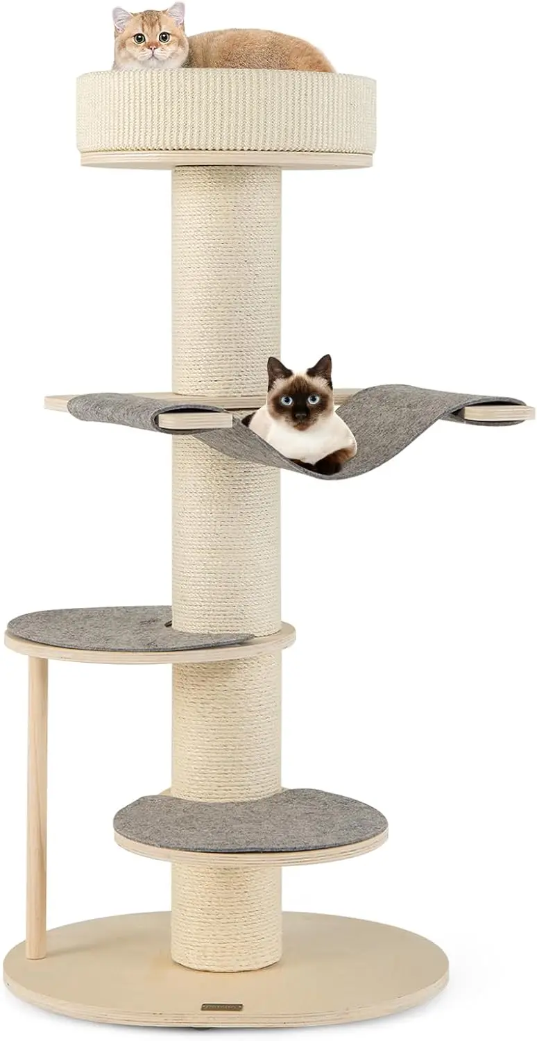 47 inch Cat Tree Tower, Multi-Level Wooden Cat Tower with Sisal Scratching Posts, Cozy Top Perch, Side Hammock