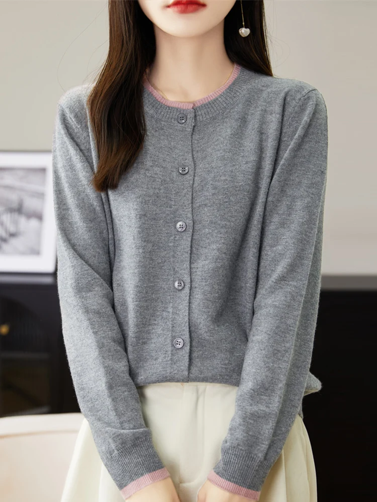 ADDONEE Women O-neck Cardigan Long Sleeve Cashmere Sweater Autumn Winter 100% Merino Wool Knitwear Korean Popular Clothing Tops