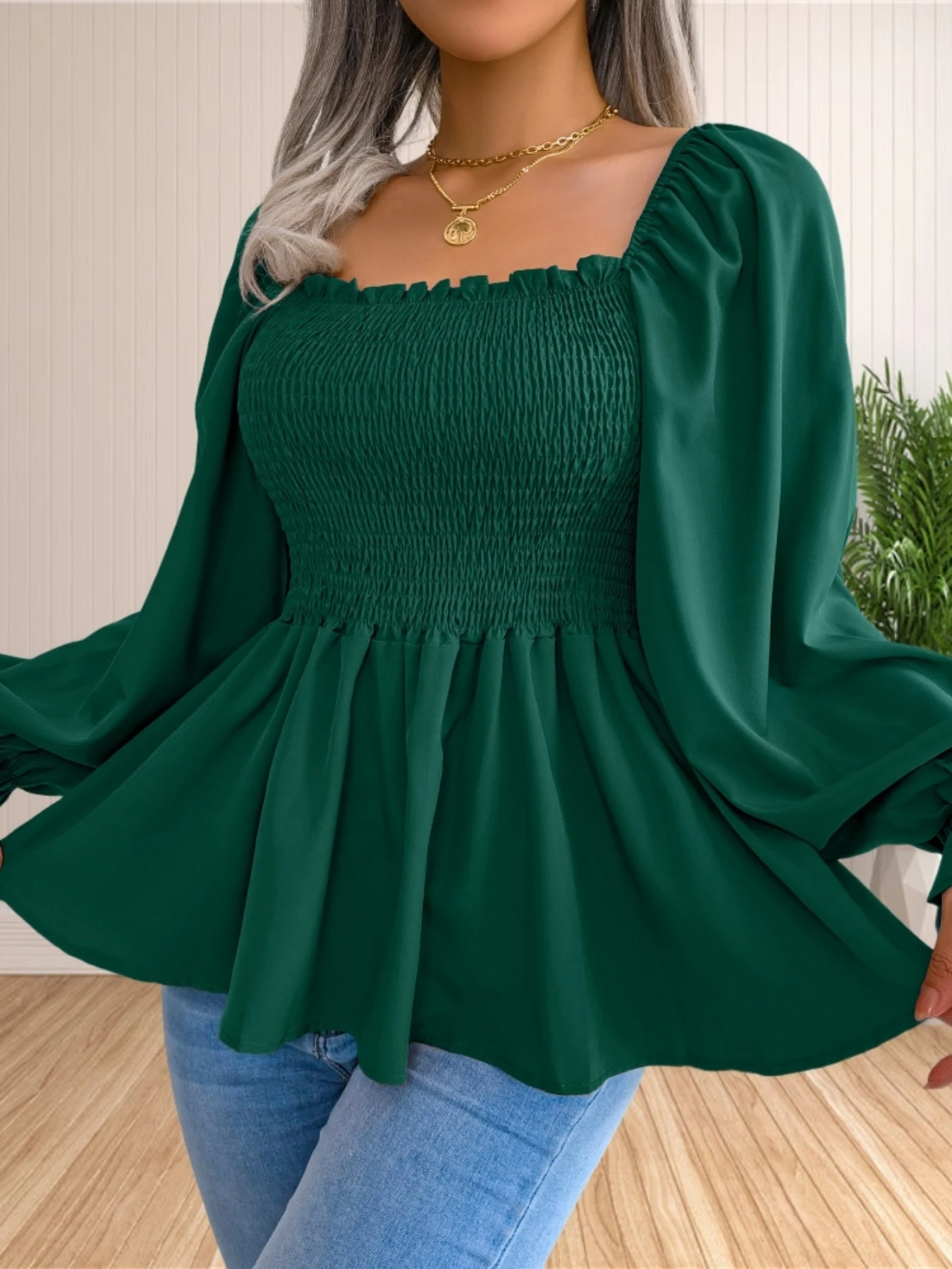 Women\'s Casual Long Sleeve Blouse Square Neck Smocked Ruffle Hem Slim Babydoll Shirt Tunics Tops