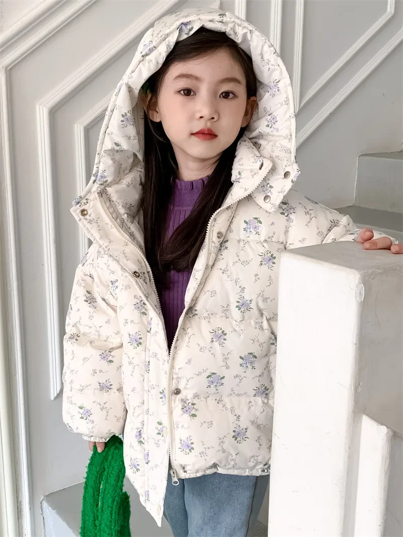 Girls Down Jacket 2024 Winter New Childrens Baby Girls Small Fresh Floral Hooded White Down Jacket Casual Simple and Daily