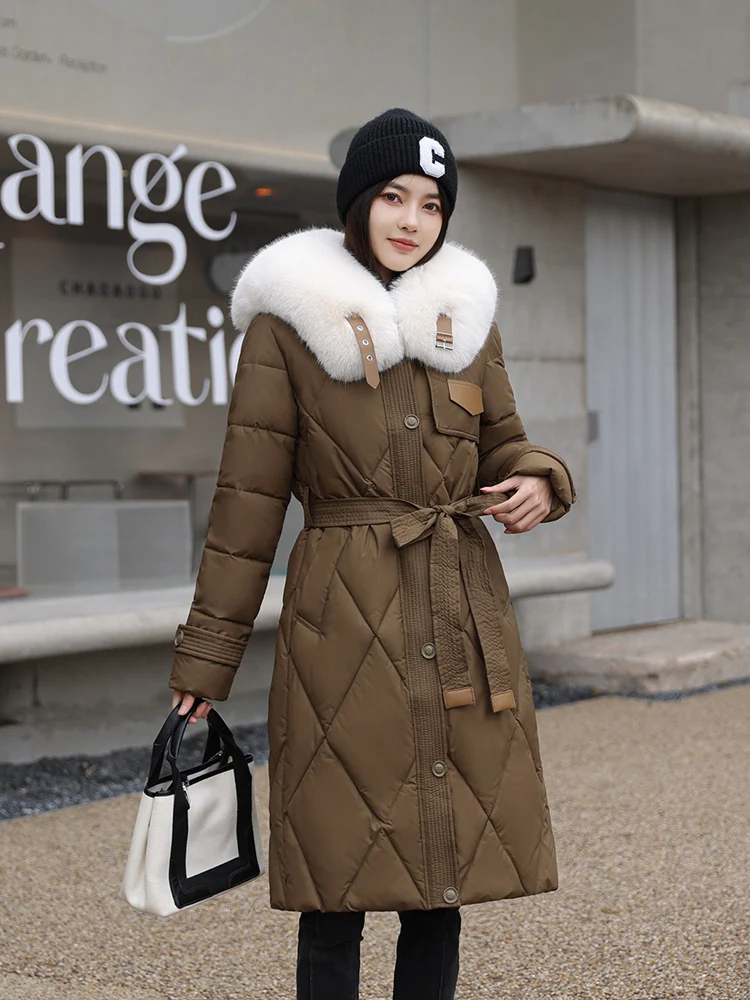 Vielleicht Casaco acolchoado com cinto para mulheres, colarinho de pele grande, algodão, acolchoado, longo, quente, parkas de neve, roupas, novo,