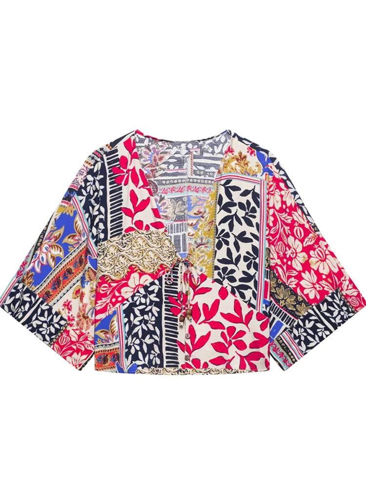 Zevity Women Fashion V Cloth Patchwork Print Short Kimono Blouse Female Batwing Sleeve Shirt Chic Chemise Blusas Tops LS9008