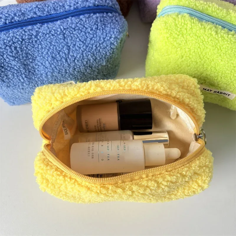Colorful Teddy Fleece Makeup Bag Large Capacity Soft Plush Cosmetic Pouch Travel Toiletry Storage Bag For Women Girls