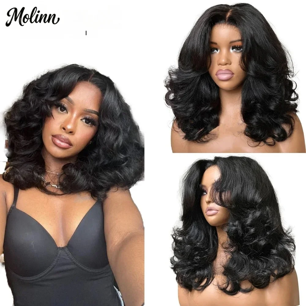 

Layered Body Wave Lace Front Wig With Bangs 13x4 HD Glueless Black for Women Pre Cut Lace Ready To Wear Synthetic And Blend