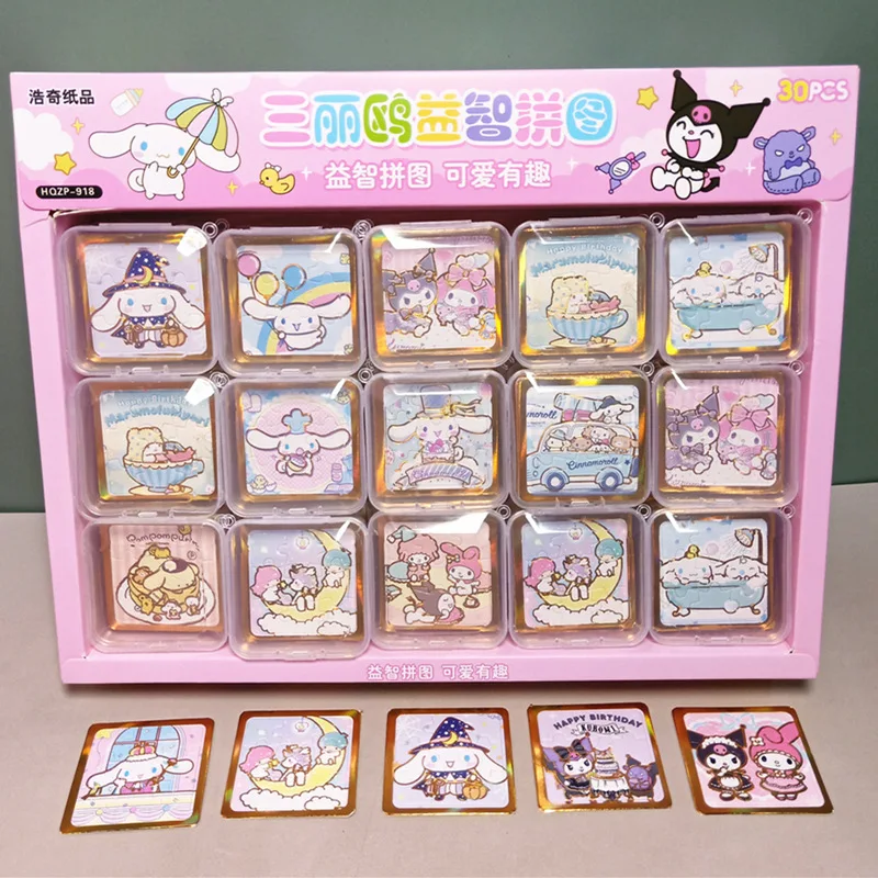 30pcs/box Cartoon Sanrio Mini Kuromi My Melody Pochacco Puzzle Toys Hello Kitty Stamping Stickers DIY Jigsaw Stickers Girl Gift