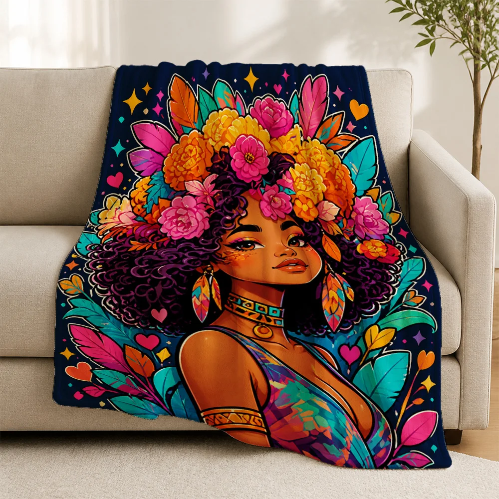 Vibrant Tropical Boho Floral Print Throw Blanket for Sofa Couch Living Room Decorative Home Decor Woman Portrait Artistic Accent