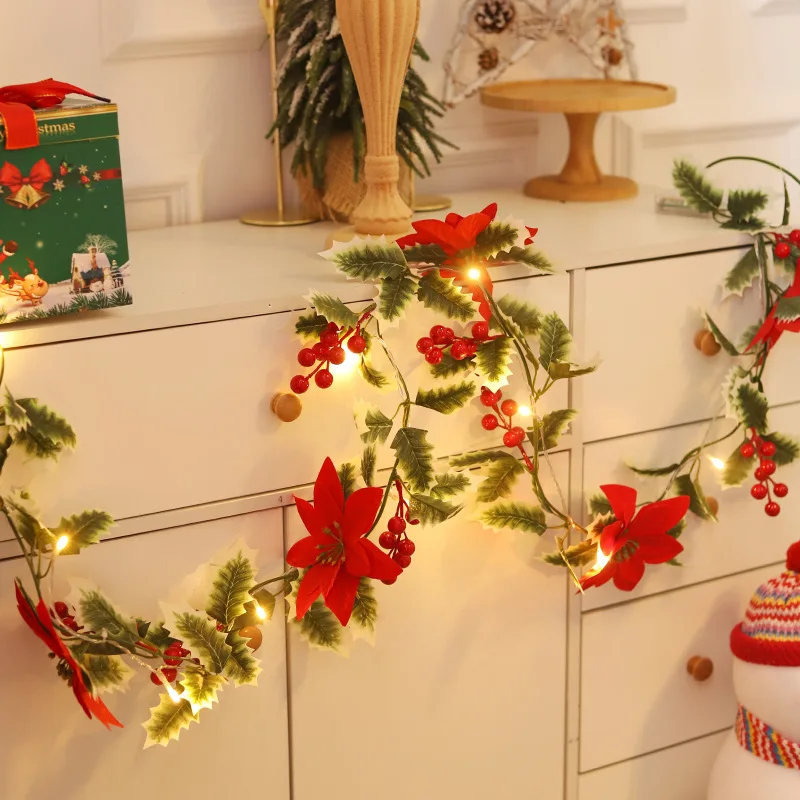 Christmas Garland Lighting Strings Artificial Red Berry Holly Leaves Ivy Vine String Lights For Xmas Tree Party Home Decoration