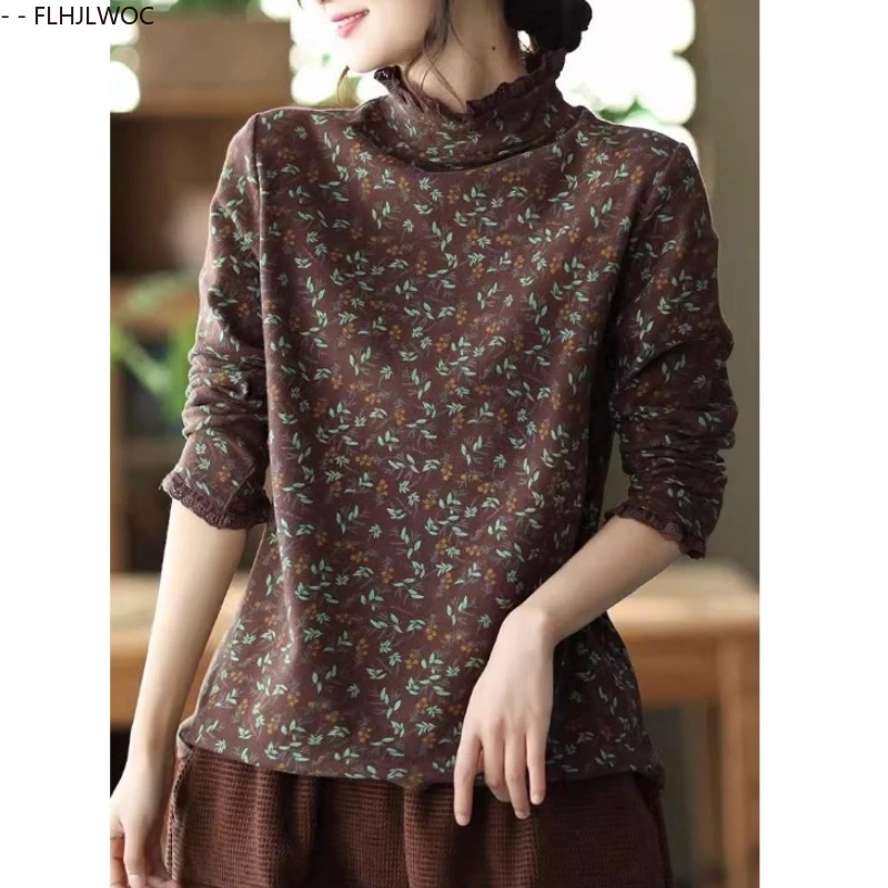 Baumwolle Rollkragen Tops Bluse Frau Langarm Nette Süße Mädchen Blumen Druck Grundlagen Shirts Retro Vintage Floral Rüschen Top