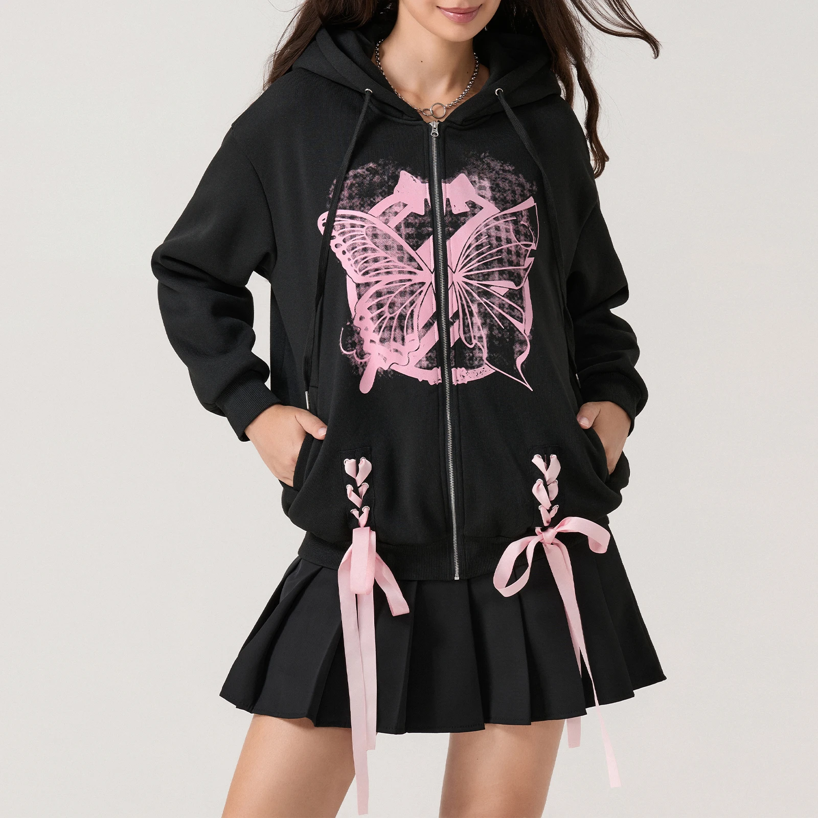 Y2K Women's Fashion Loose Hoodies Butterfly Print Long Sleeve Teen Harajuku Fall Jacket Casual Zip-Up Oversized Sweatshirts Coat