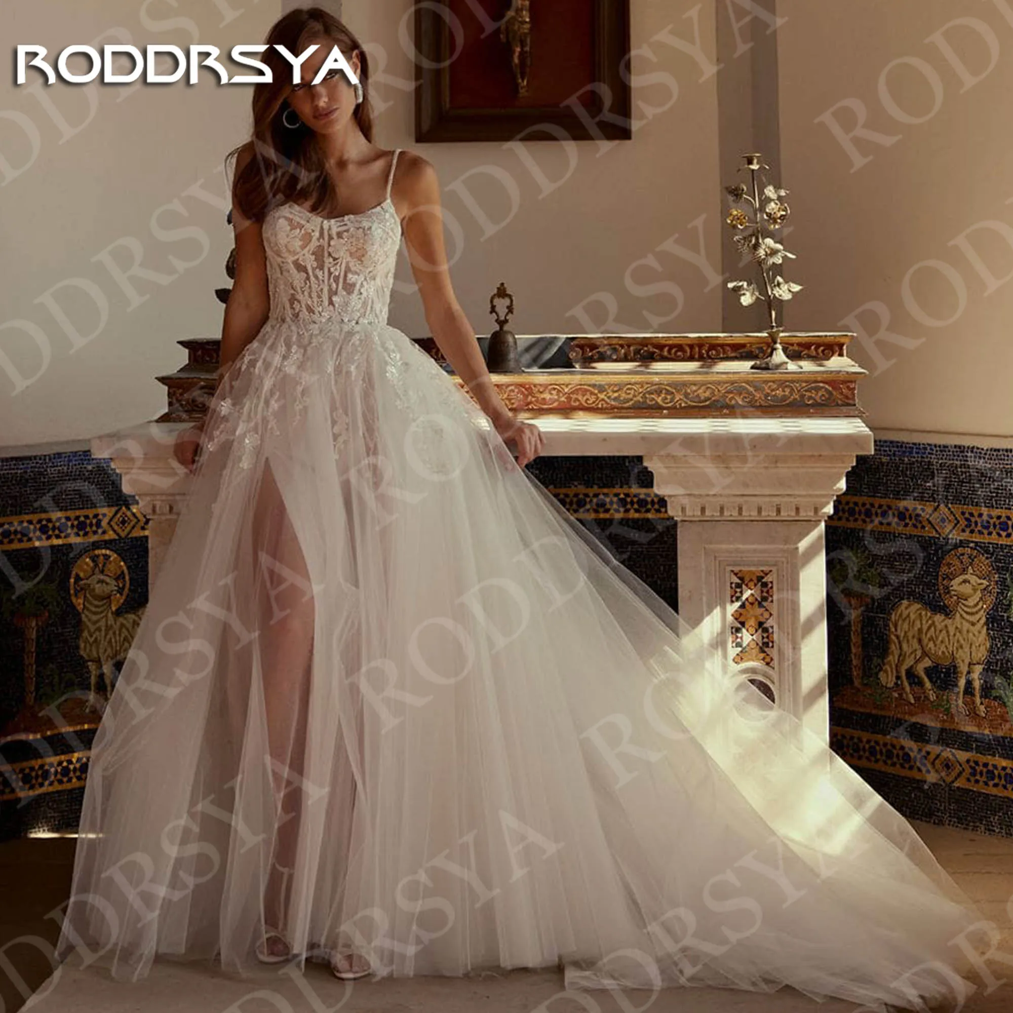 

RODDRSYA Spaghetti Straps Wedding Dress V Neck Lace Appliques Romantic High Slit Tulle Bridal Dresses A Line Customized Woman
