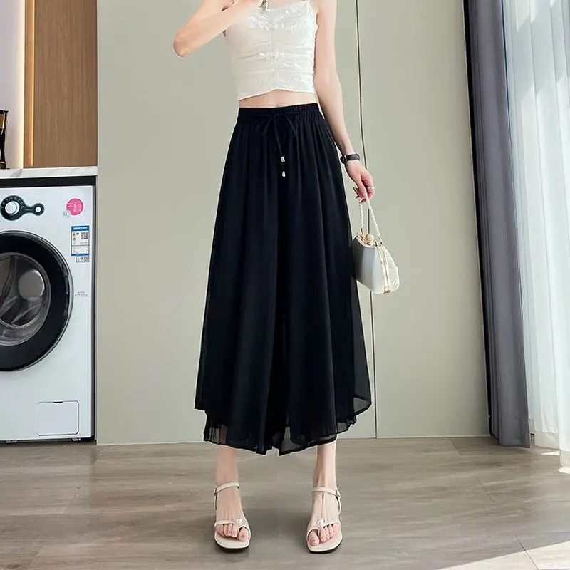 Summer Wide Leg Pleated Cropped Pants High Waist Elastic Fashion Drawstring Female Clothing Basic Patchwork Loose Casual Pants