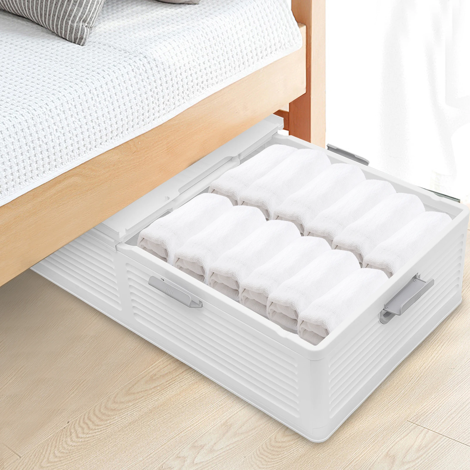Unterbett-Aufbewahrungsbox mit Rollen & Deckeln 101*51,5*24cm Faltbarer Organizer 6 Verriegelungsschnallen Staubdicht für Decken Kleidung Spielzeug – Detail 11