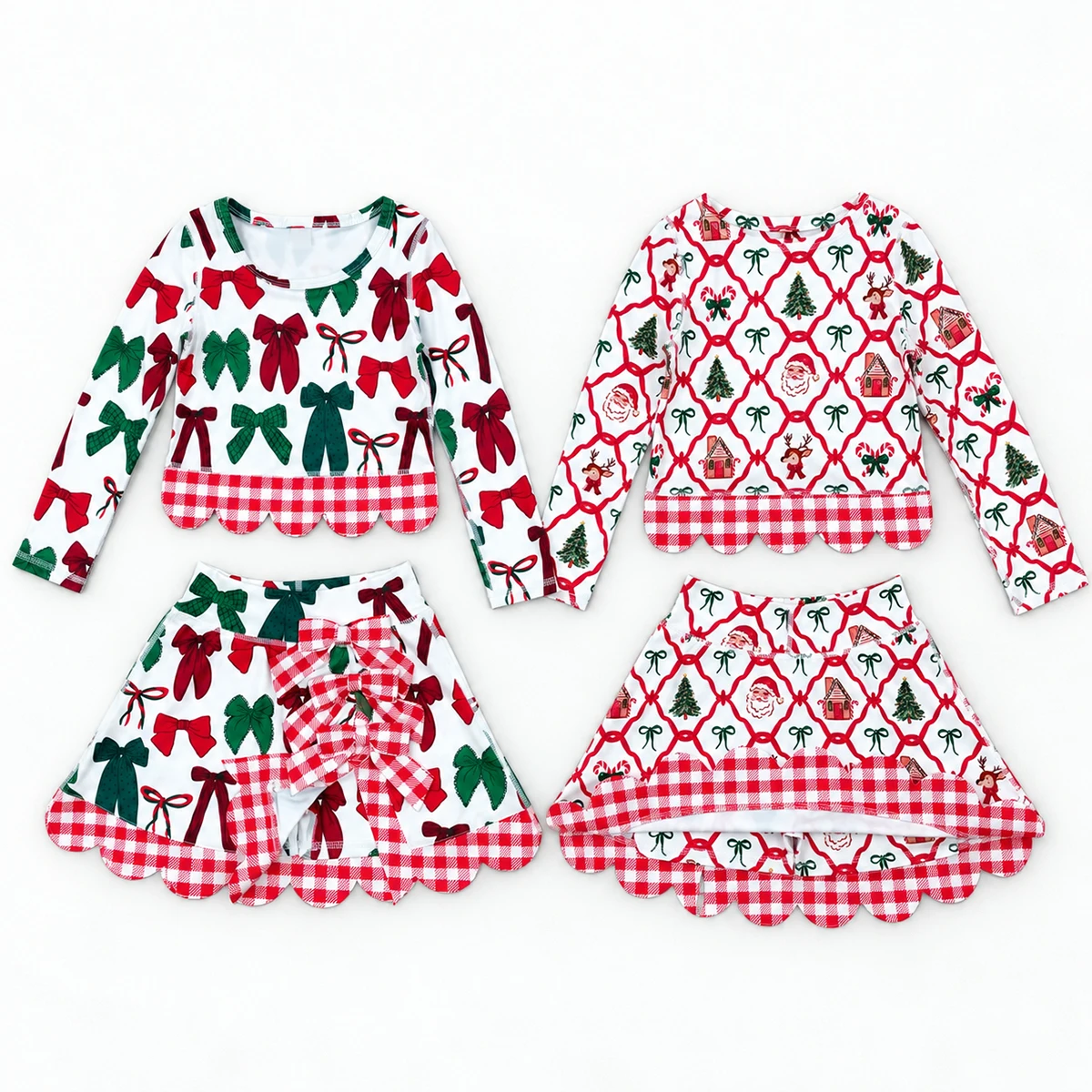 Baby Girl Christmas Yoga Active Scallop Clothes Set Kids Toddler Gingerbread Bows Top Bows Skirt Shorts Outfits Wholesale