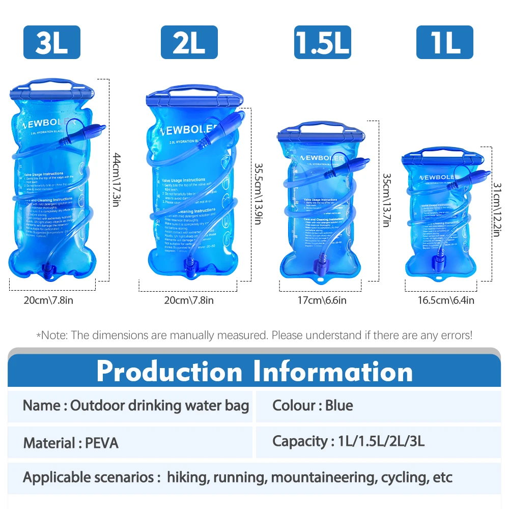 NEWBOLER Water Bag Reservoir Water Replenishment Bag Storage Bag Without Bisphenol 1L 1.5L 2L 3L Running Sports Tank Backpack