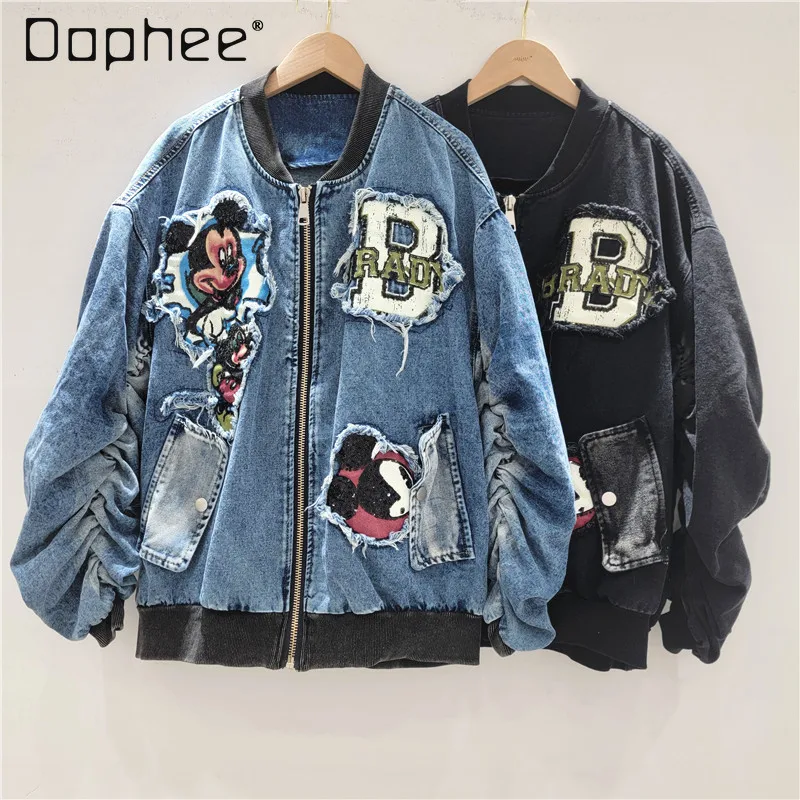 

European Goods Trendy Brand Cartoon Embroidered Denim Baseball Jacket Women's 2025 Autumn New Loose Versatile Jacket Top