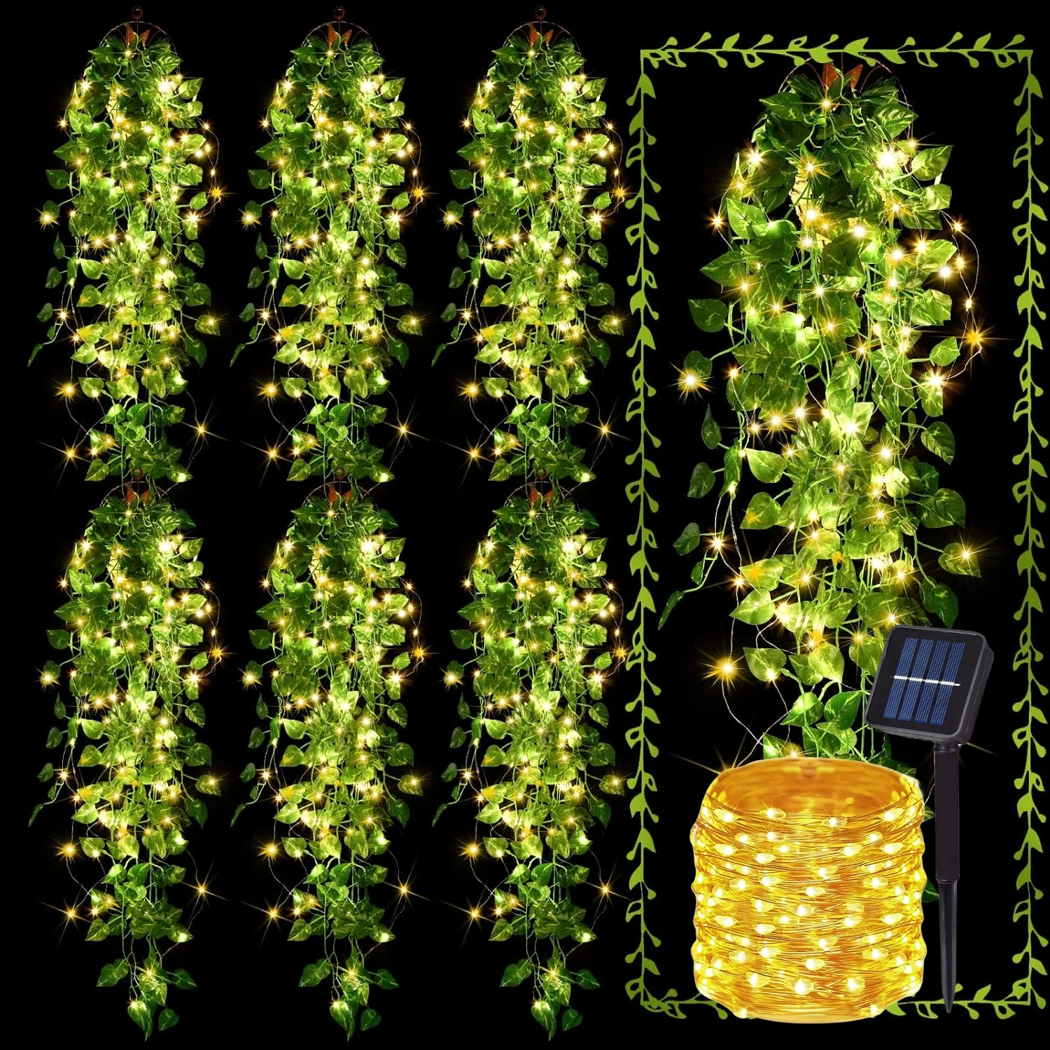 2 Stuks Kunstmatige Hangende Planten 3.3 Ft Nep Klimop Wijnbladeren Met Zonne-Energie 200 Led Snaren Voor Muur Huis Tuin Bruiloft Slinger O