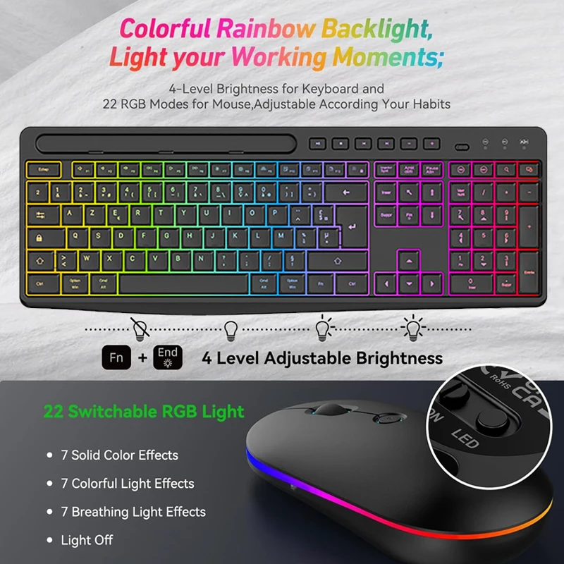 

Wireless Keyboard and Mouse Combo with RGB Backlit Full Size Ergonomic Keyboard Rechargeable USB-C 2.4G Keyboard Mouse Set
