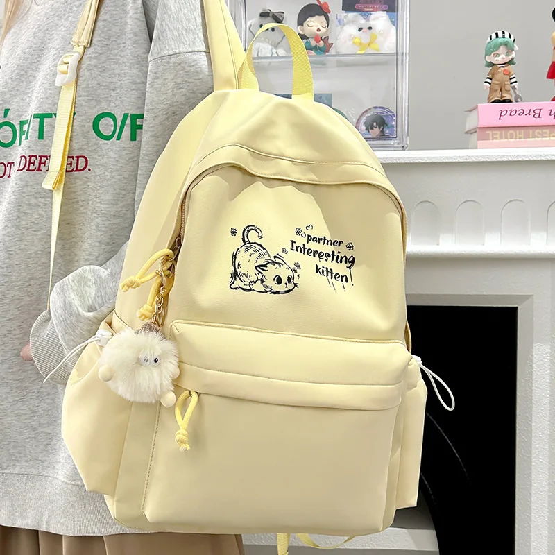 Ins Gentle Cartoon Cat Print Backpack Simple Multi Pocket Rucksack Middle High School Student Campus Casual Schoolbag