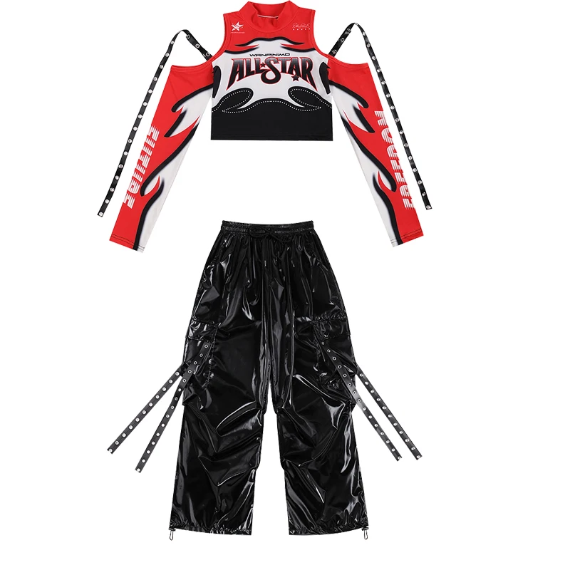ชุดการแสดงเต้นแจ๊สสมัยใหม่สำหรับเด็กปี 2025 สำหรับเด็กผู้หญิง เสื้อครอป กางเกงหนัง ชุดสตรีทแวร์ ฮิปฮอป รุ่น XH3816