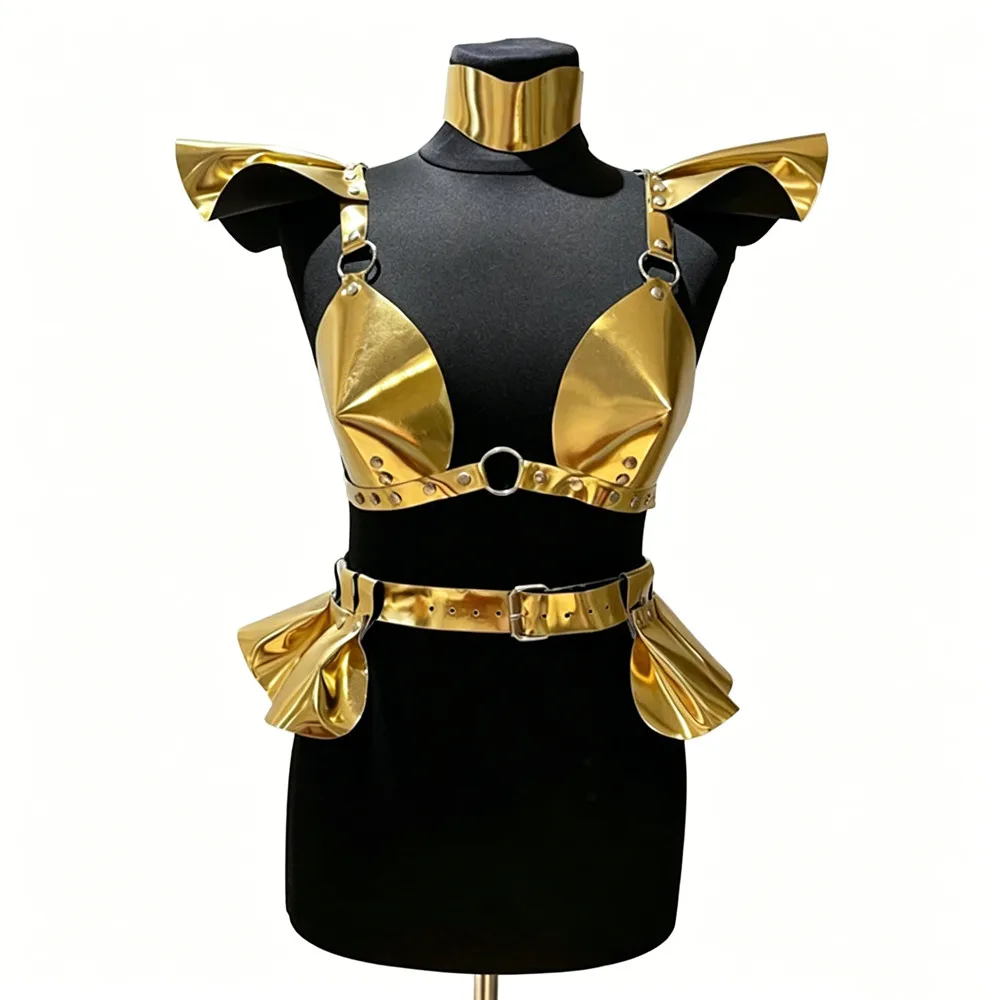 

Gothic Style Rave Gold Ruffle Belt Adjustable Bra Tops Outfit Women Carnival Music Festival Party Performance Halloween Costume