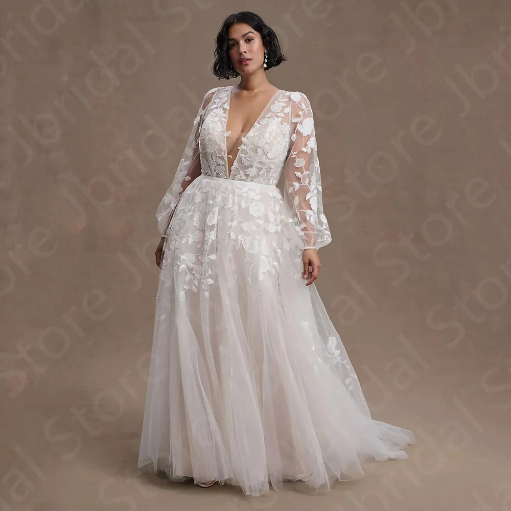 

Gorgeous New Medium Size Wedding Dresses 2024 Bridal Gowns Long Sleeves Bride Dress V Neckline Wedding Gowns Plus Size Open Back