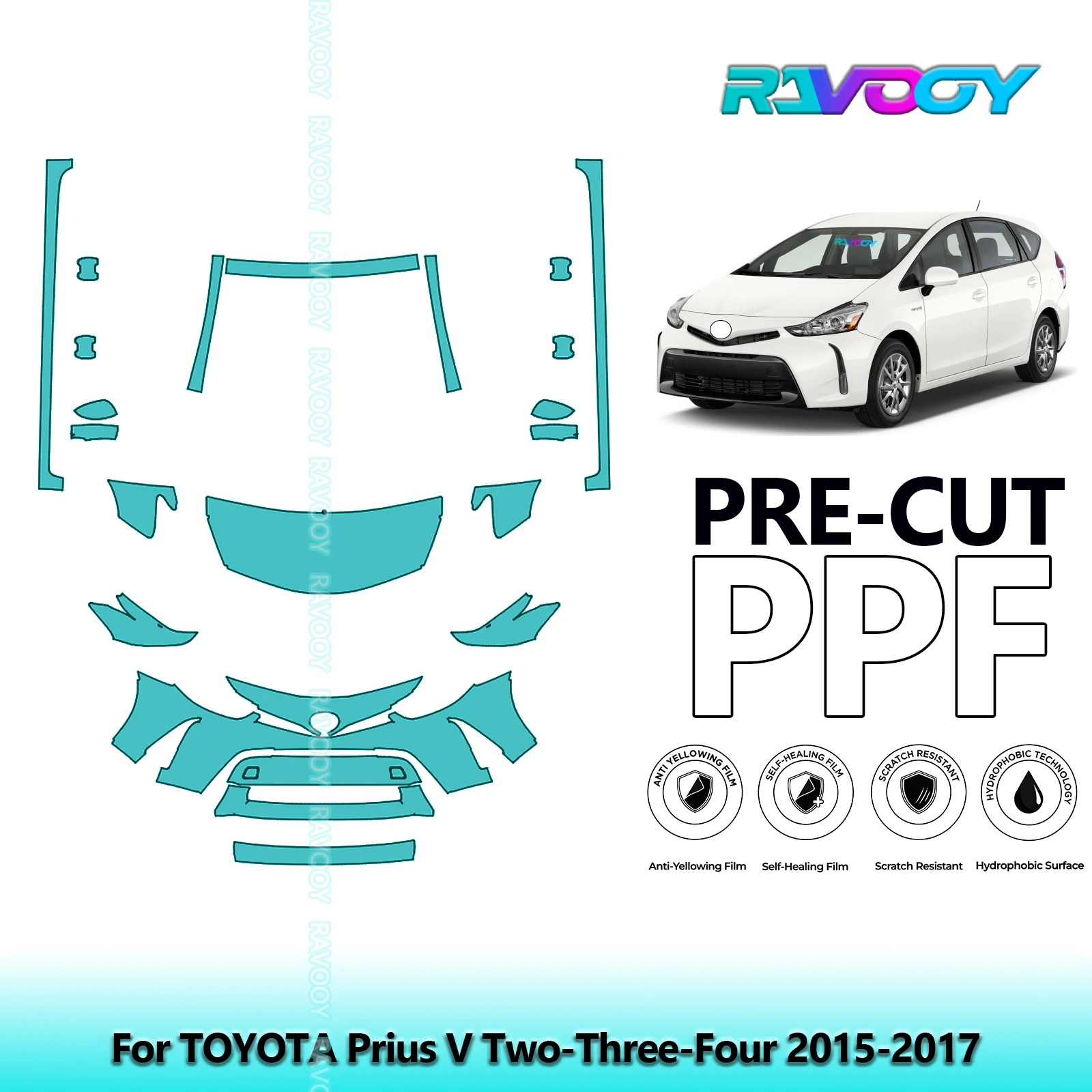 

8.5Mil Precut Paint Protection Film PPF Clear Bra Front Kit+Rockers For TOYOTA Prius V Two-Three-Four 2015-2017