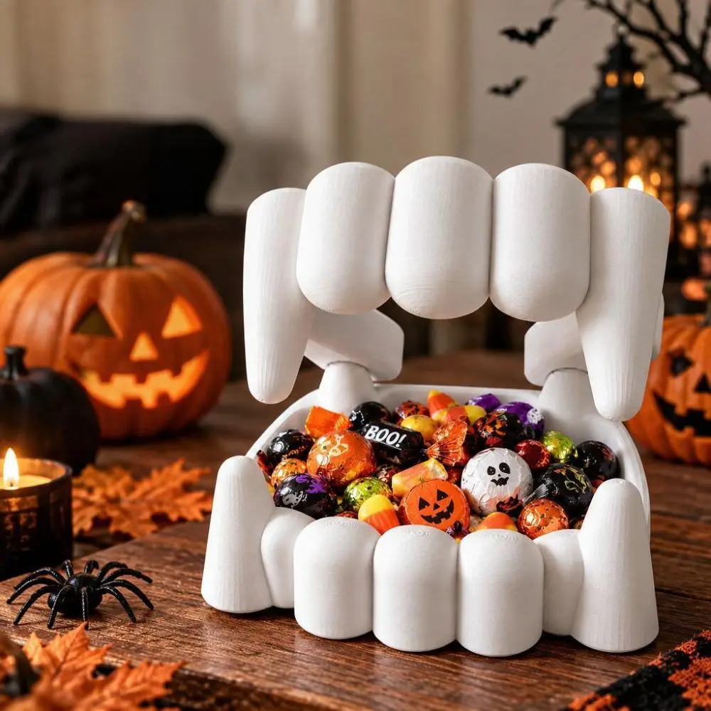 3D Printing Bloodsucker Teeth Candy Bowl White Plastic Halloween Dentures Candy Bowl Decorative Halloween Snack Tray
