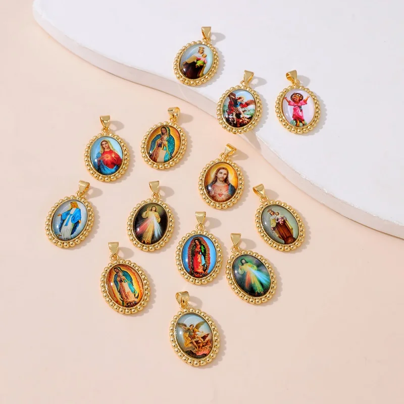 Gold-Beaded Oval Religious Icon Pendant Accessories: Virgin Mary and Jesus Medallion DIY Necklace Pendant Craft Supplies