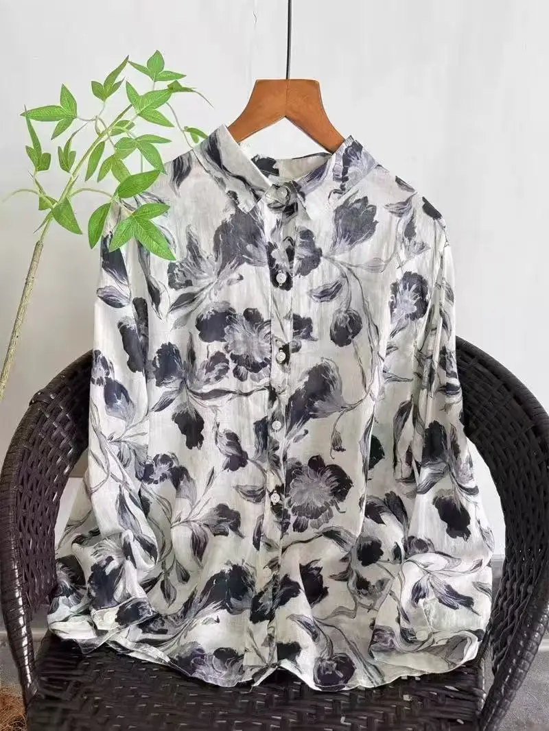 

Женская рубашка из 100% рами, весна-лето, в китайском стиле, винтажная, с оригинальным принтом, с длинными рукавами, блузка, топ, женская одежда