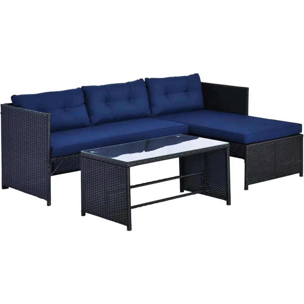 

3 Piece Patio Furniture Set, Rattan Outdoor Sofa Set with Chaise Lounge & Loveseat, Soft Cushions, Tempered Glass Table, L-Shap