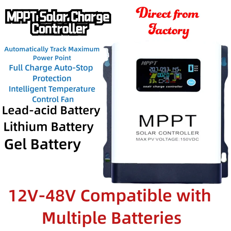 MPPT Photovoltaic Solar Charger Controller 12V 24V 48V 60V 72V 84V 96V Multi Battery Type Selectable Auto Identify LCD