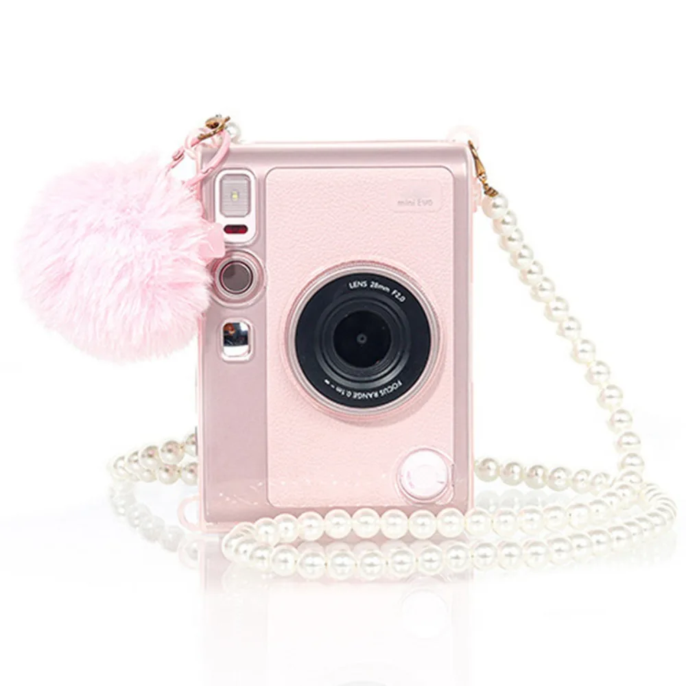 with Pearl Chain Carrying Case Crystal Translucent Pink Protective Cover Portable Shockproof for Fujifilm Instax Mini EVO