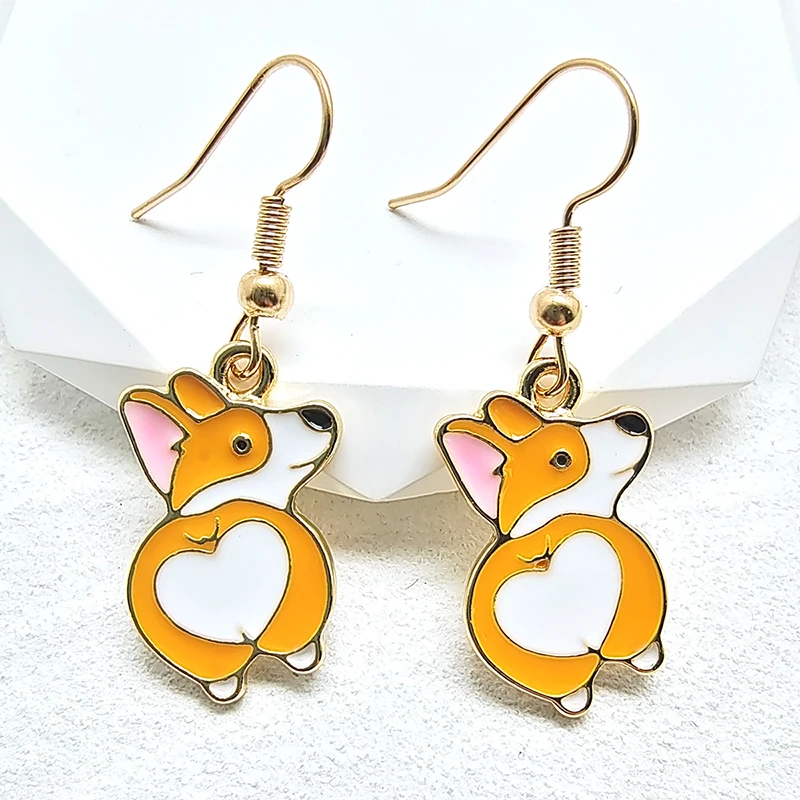 Alloy Puppy Corgi Love Heart Butt Drop Earrings For Women Gift Enamel Cartoon Simple Cute Funny Dog Animal Pet Eardrop Jewelry