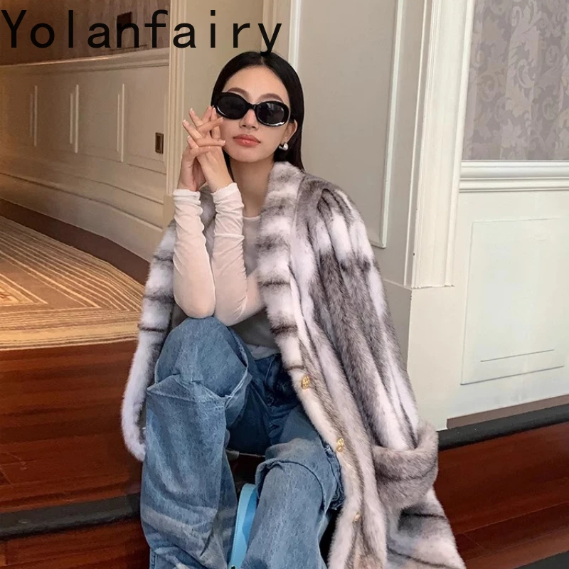 

YOLANFAIRY autumn and winter Imported whole cross-shaped mink coat women Mid-length fur coat turn-down collar шуба женская 2025