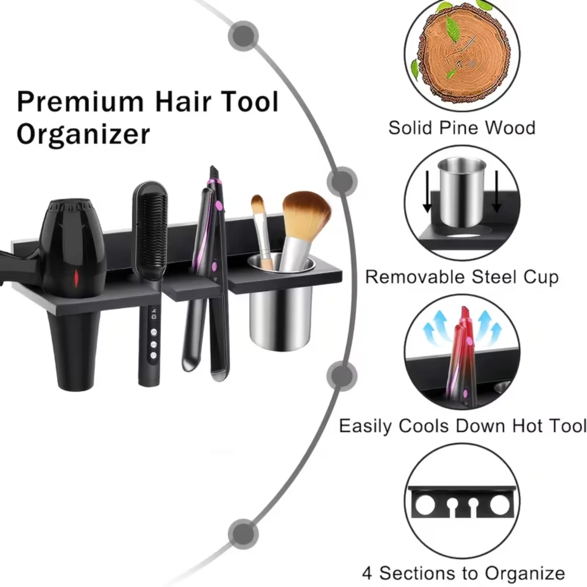 Wooden Hair Tool Storage Rack Wall Mounted for Hair Dryer Curling Iron Straightener Combs Brushes Bathroom Salon Home Multifunctional Organizer Rustic Practical Design with Shelves